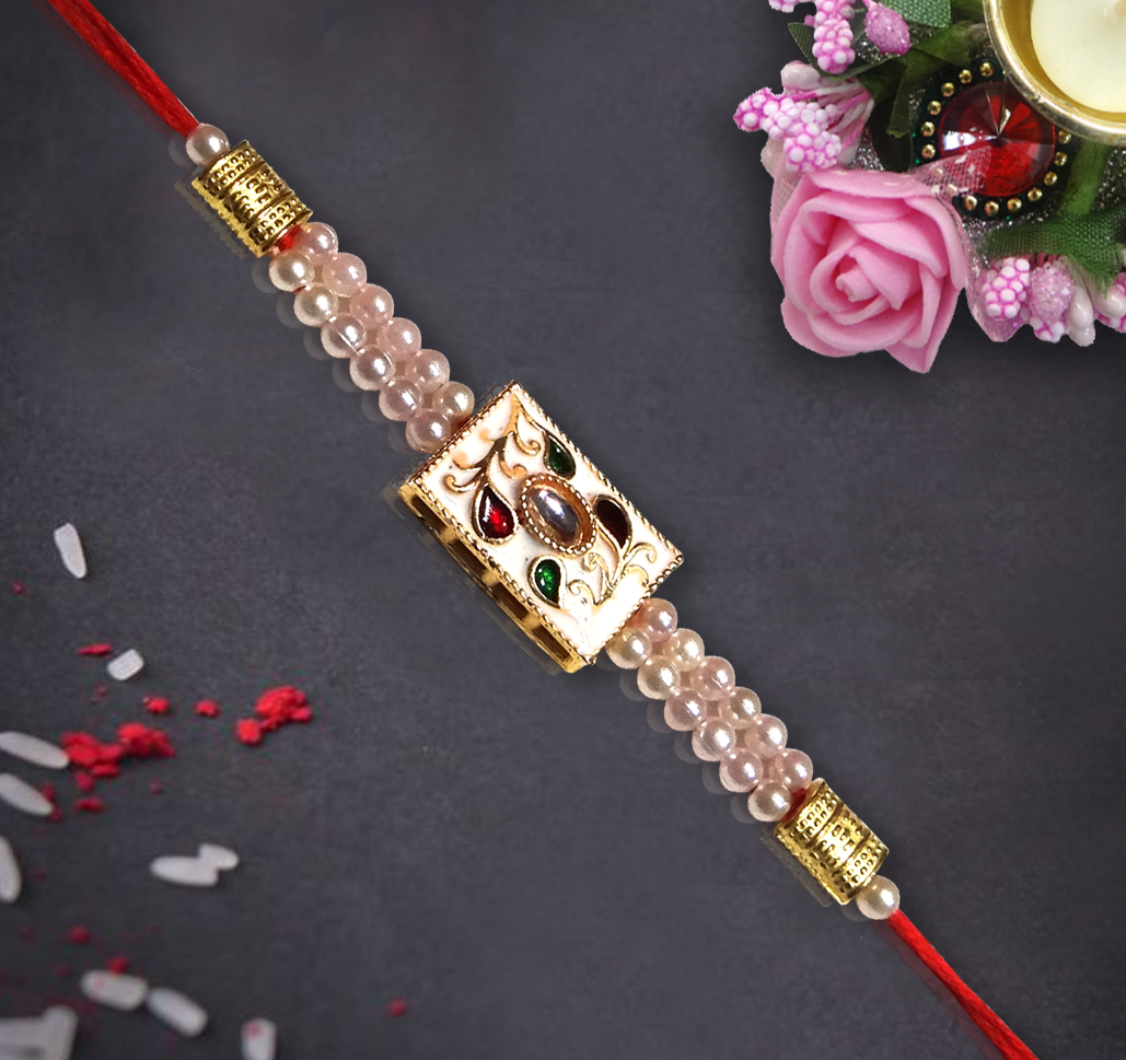 Premium Pearl Beaded Designer Rakhi with Multicolor Stone Centerpiece for Brother | Elegant Rakhi