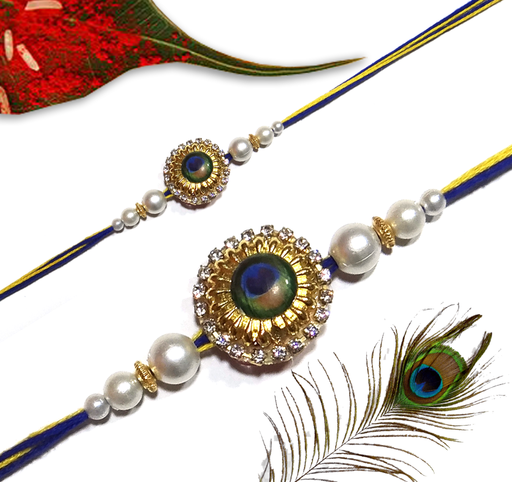 Traditional Mayur (Peacock) Rakhi with Sparkling American Diamonds and White Pearl Accents