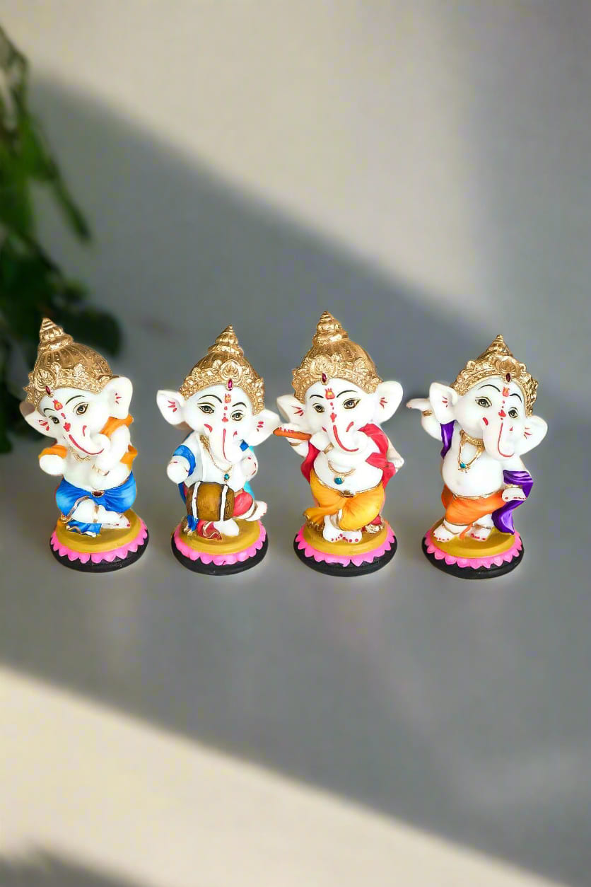 Resin Lord Ganesha Musical Set of 4 Statue | Hindu God Ganesha Playing Instruments | Decorative Figurines for Home Temple, Office & Gifting-Upharkaro