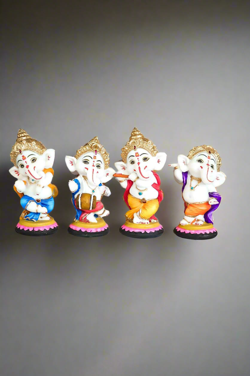 Resin Lord Ganesha Musical Set of 4 Statue | Hindu God Ganesha Playing Instruments | Decorative Figurines for Home Temple, Office & Gifting-Upharkaro