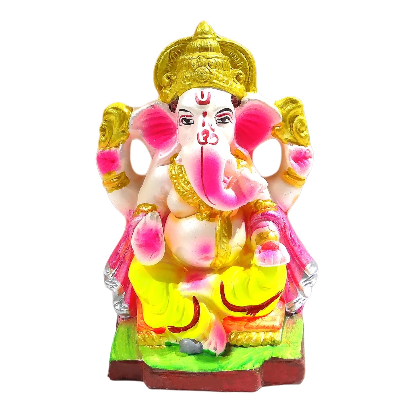 Colorful statue of a deity with pink ears and gold accents on a white background