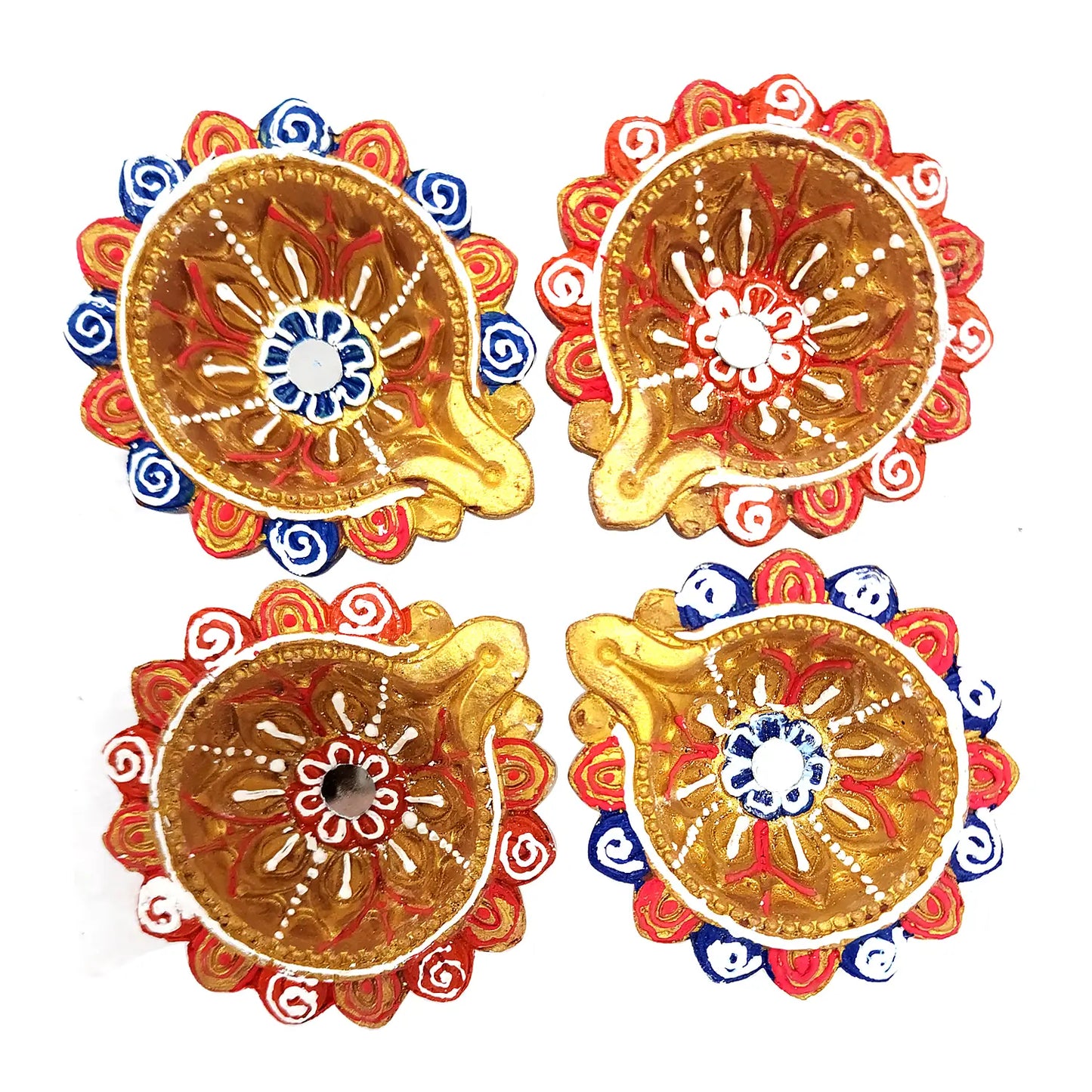 Four decorative circular items with intricate designs on a white background