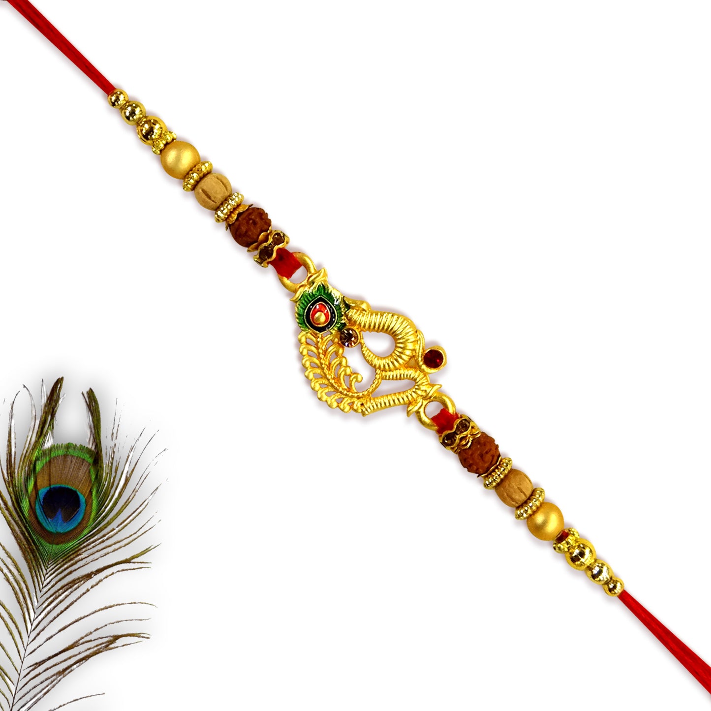 Premium Om Designer Rakhi with Rudraksha & Peacock Feather Charm for Brother | Handmade Rakhi