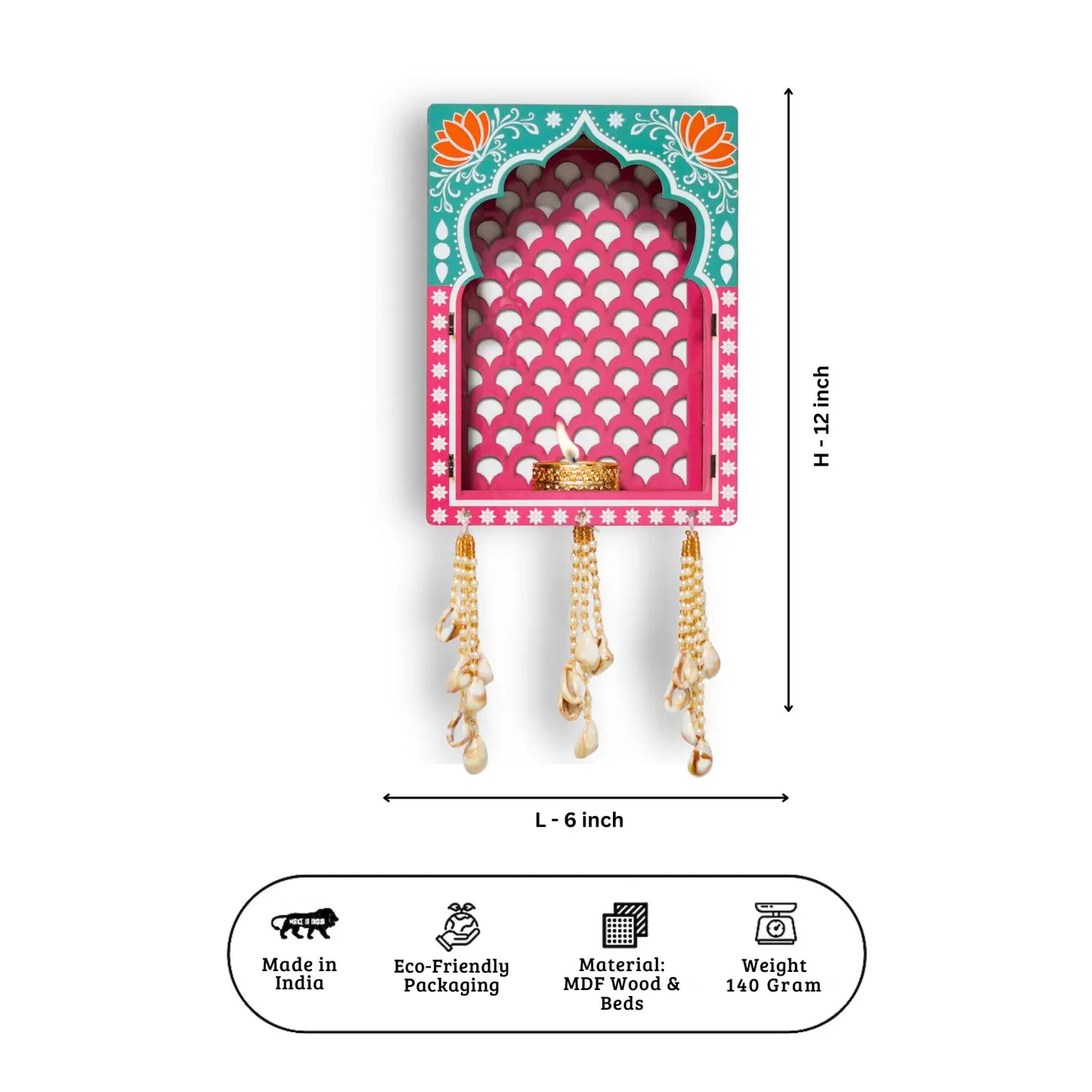 Decorative wall hanging with measurements and product details on a white background
