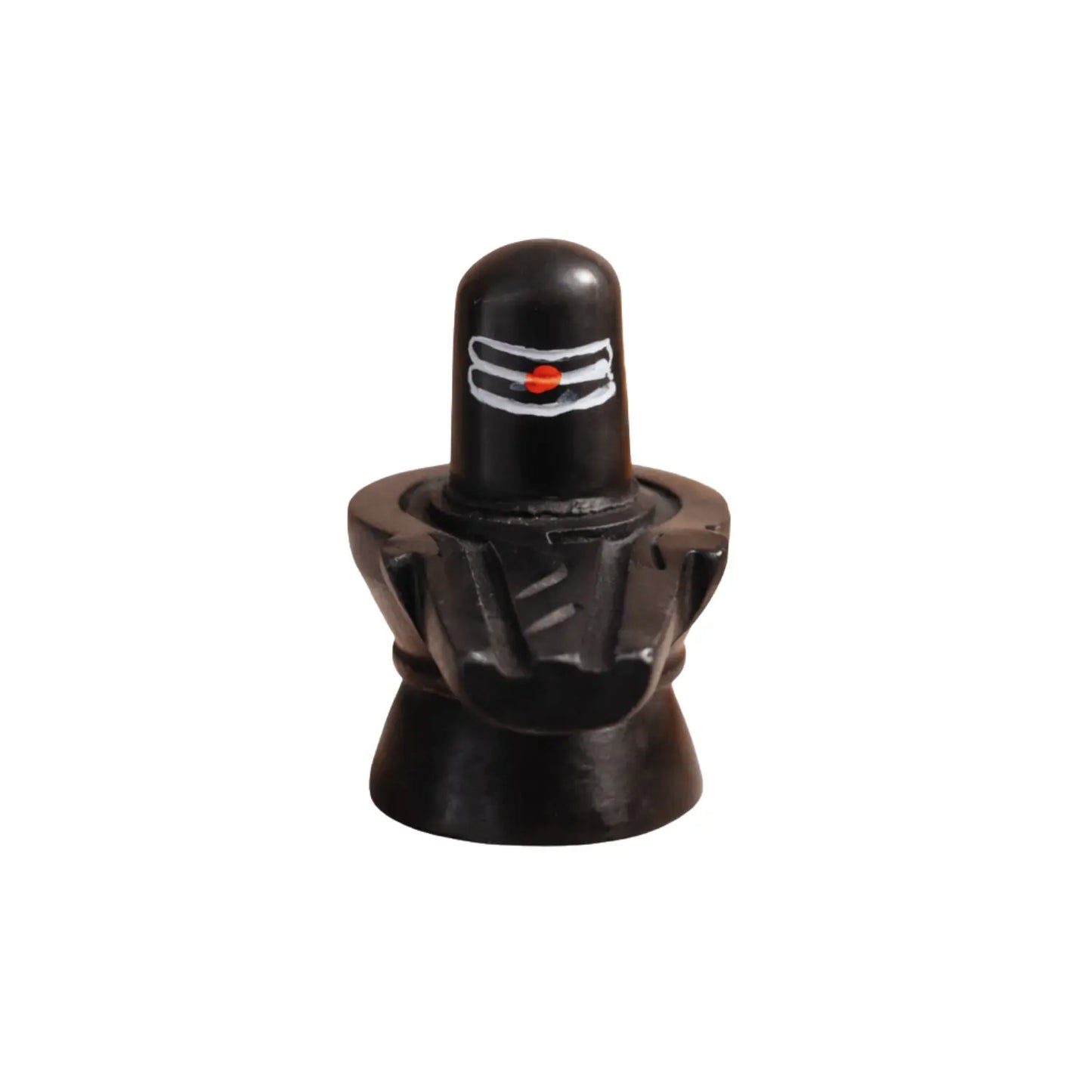 Black stone lingam with red dot on a white background