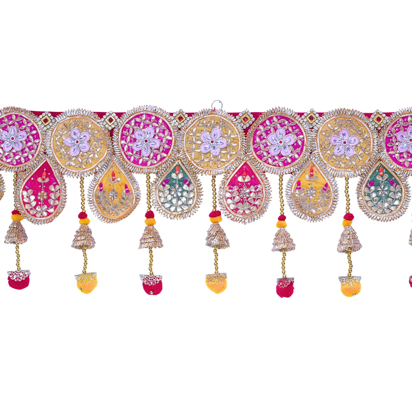 Decorative border with colorful floral patterns and tassels on a white background