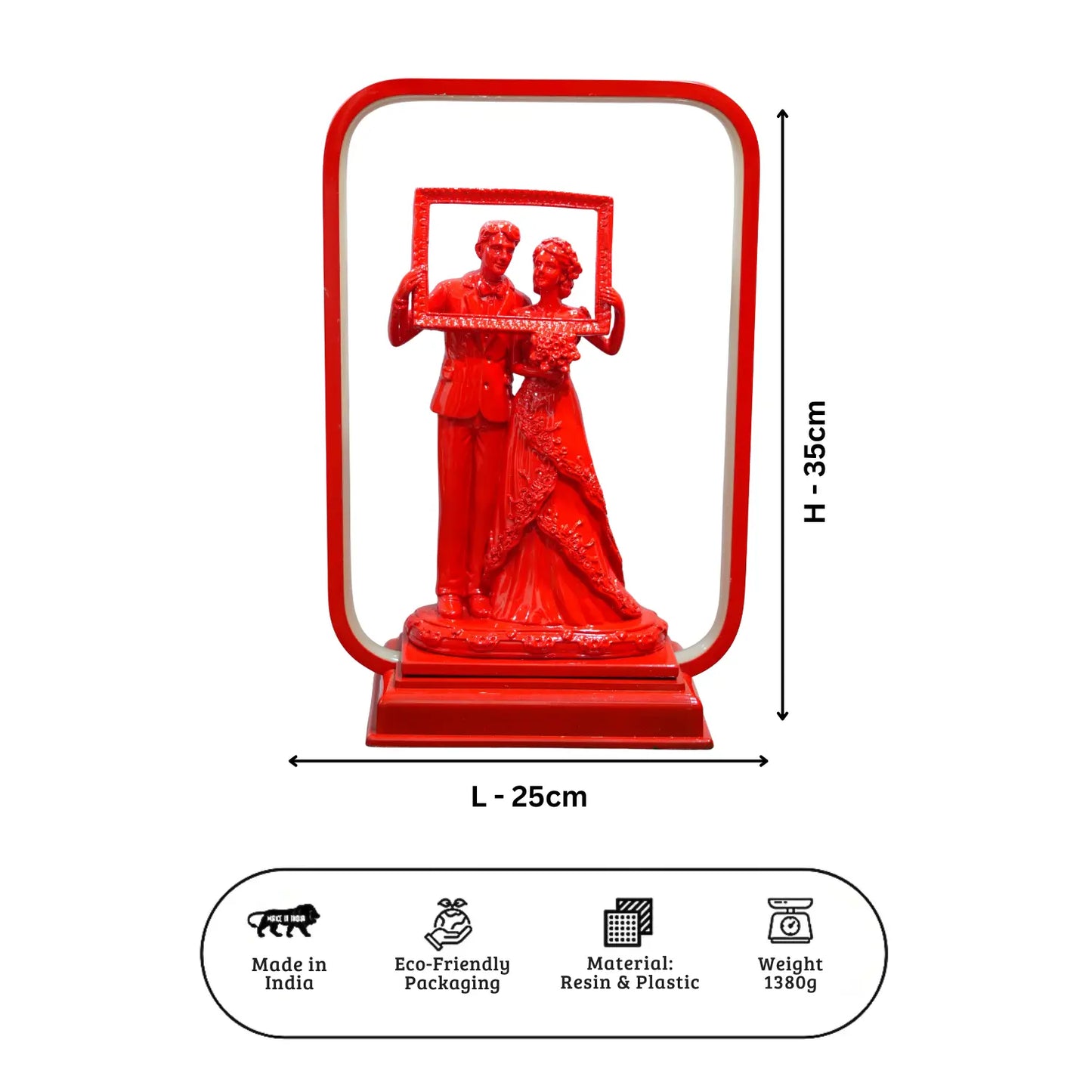Red decorative statue with dimensions and material details on a white background