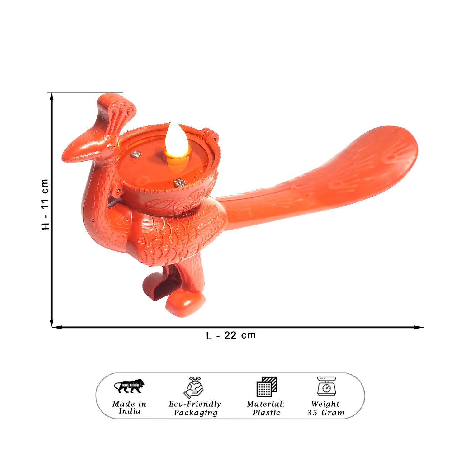 Red Water Sensor Peacock Diya with dimensions, and product details on a white background.