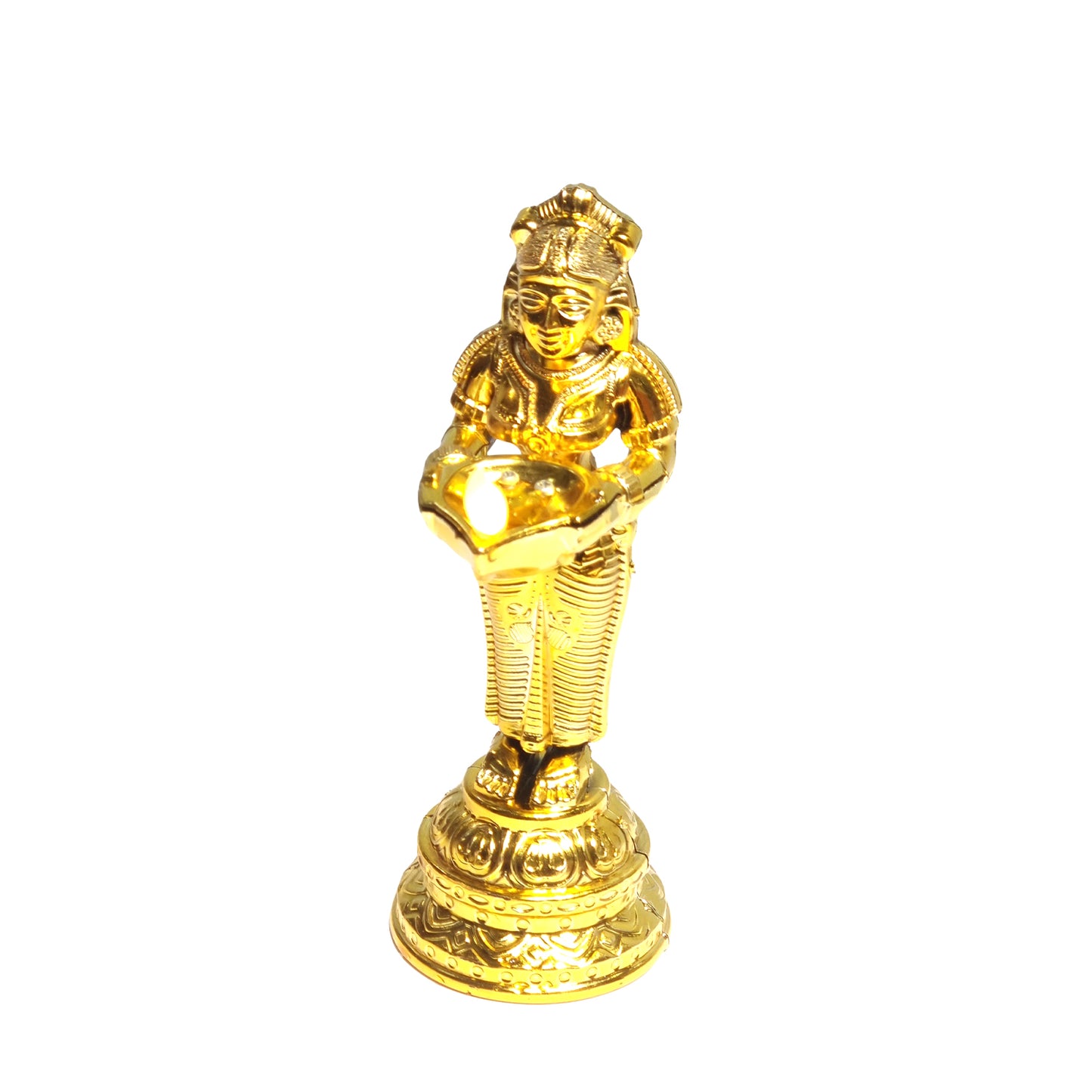 Gold-colored statue of a seated figure on a white background