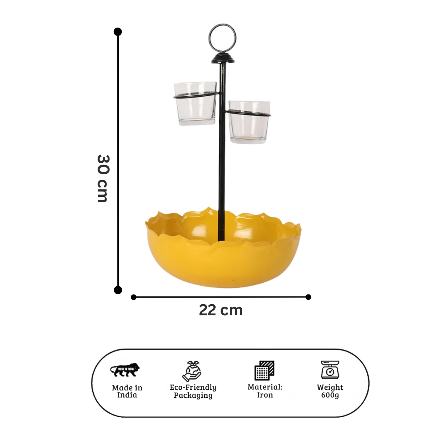 Premium Yellow Multi-Tier Iron Serving Platter Bowl and Glass Set with Central Stand