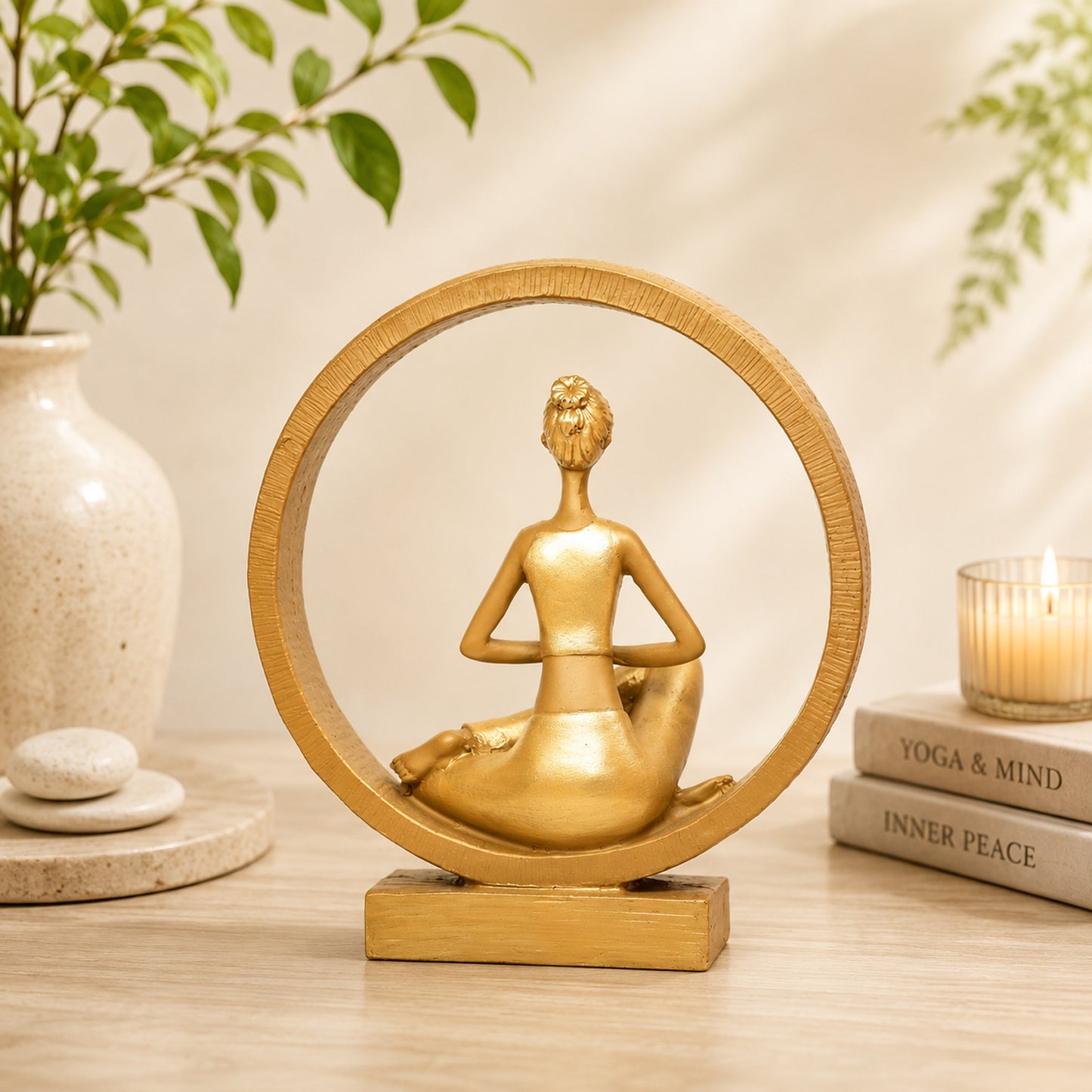 Upharkaro Golden Namaste Yoga Lady Statue with Circular Frame Resin Showpiece for Home Decor Living Room Office & Yoga Studio