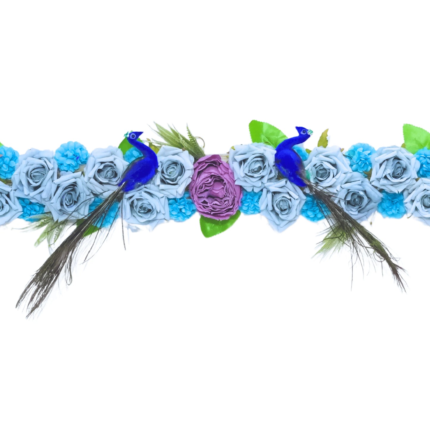 Decorative headband with blue and green feathers, flowers, and a purple flower on a white background