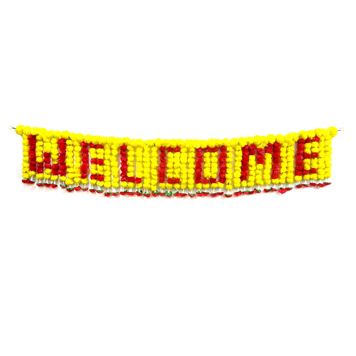 Textile art piece with 'WELCOME' in red on a yellow background