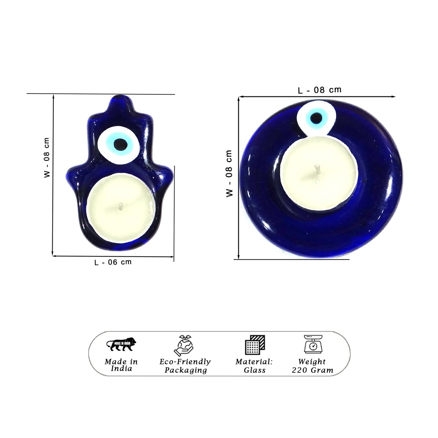 Two blue evil eye candles with measurements on a white background