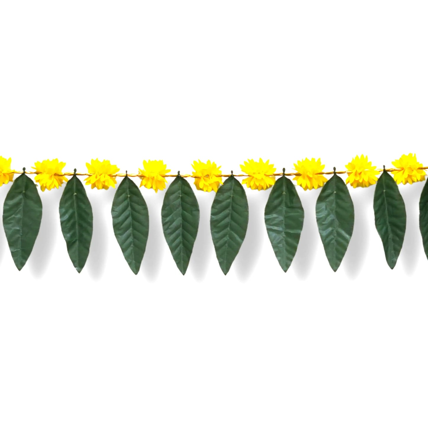 Decorative garland with yellow flowers and green leaves on a white background