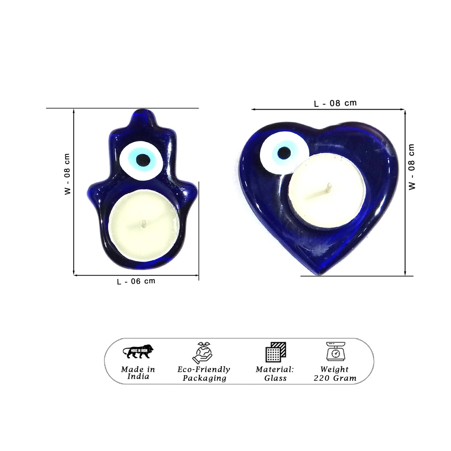 Two blue glass candle holders with white candles inside, one shaped like a star and the other like a heart, with measurements and product details on a white background.