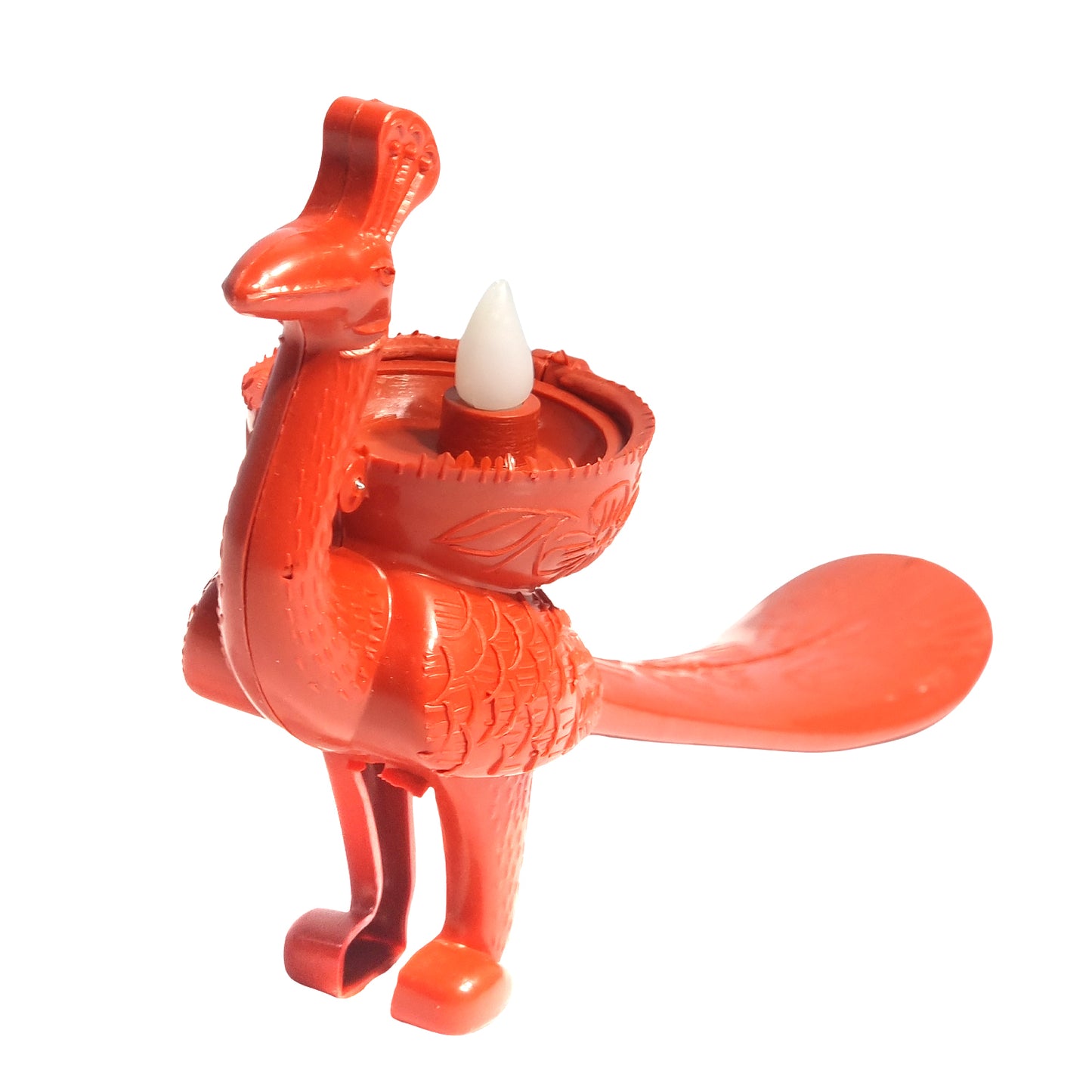 Red plastic animal-shaped object on a white background