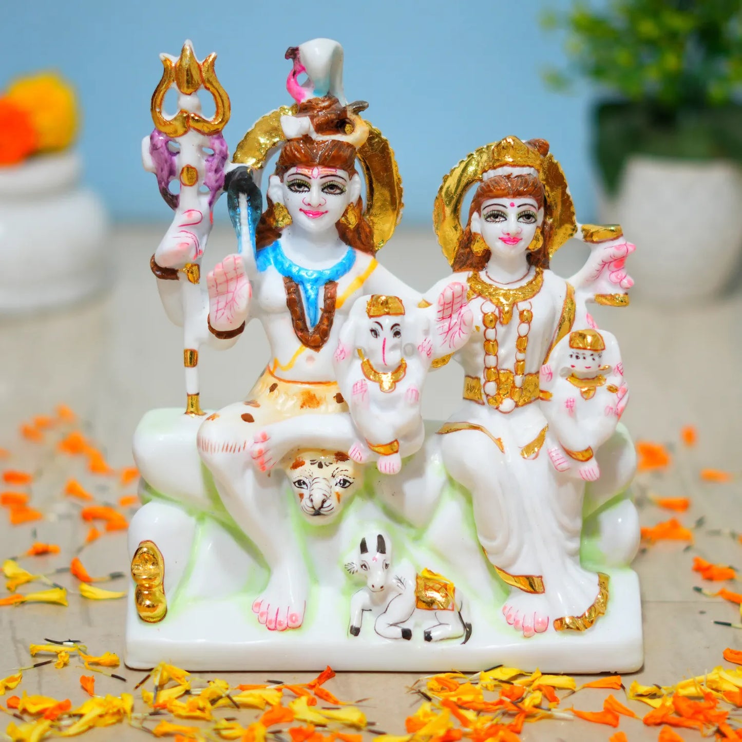 Marble Dust Shiv Pariwar Idol – 9 Inch | Divine Family Statue for Mandir & Home Décor By Upharkaro