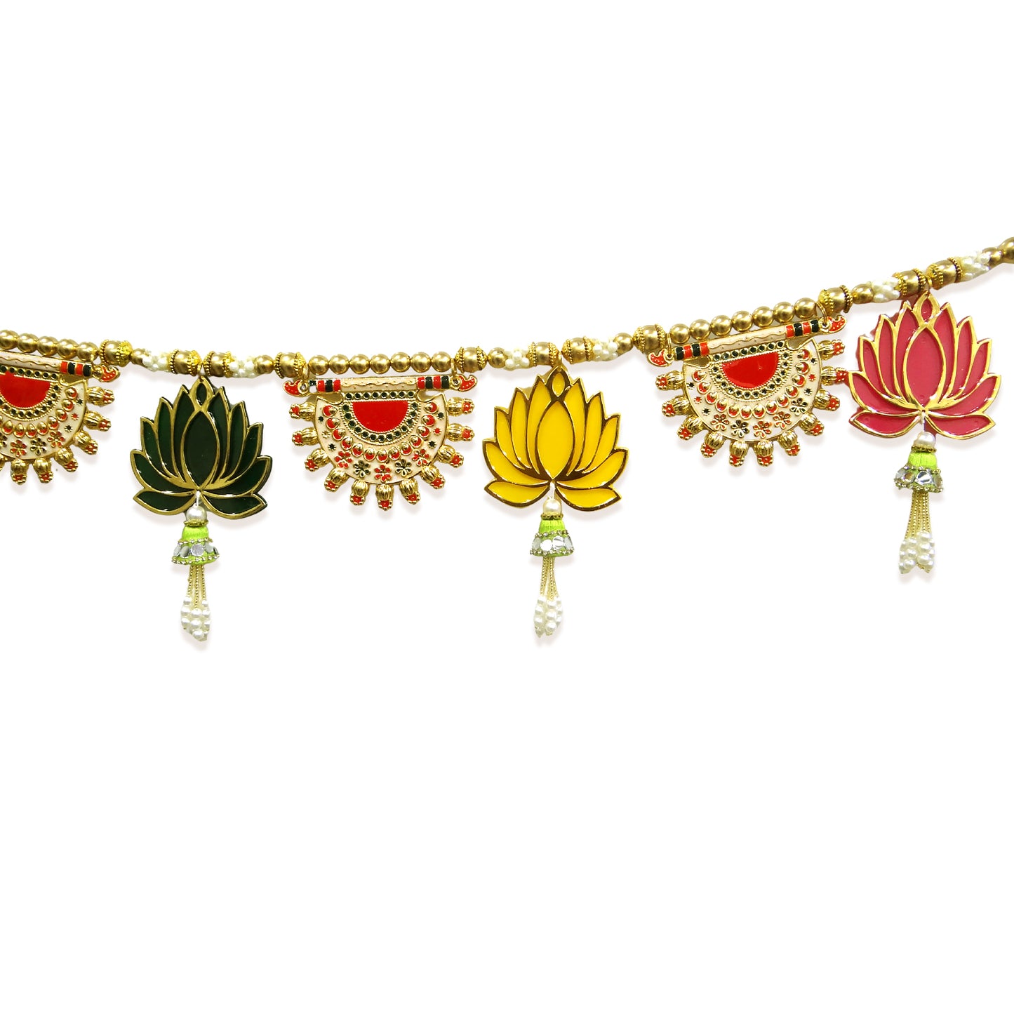 Decorative necklace with lotus flowers and multicolored pendants on a white background