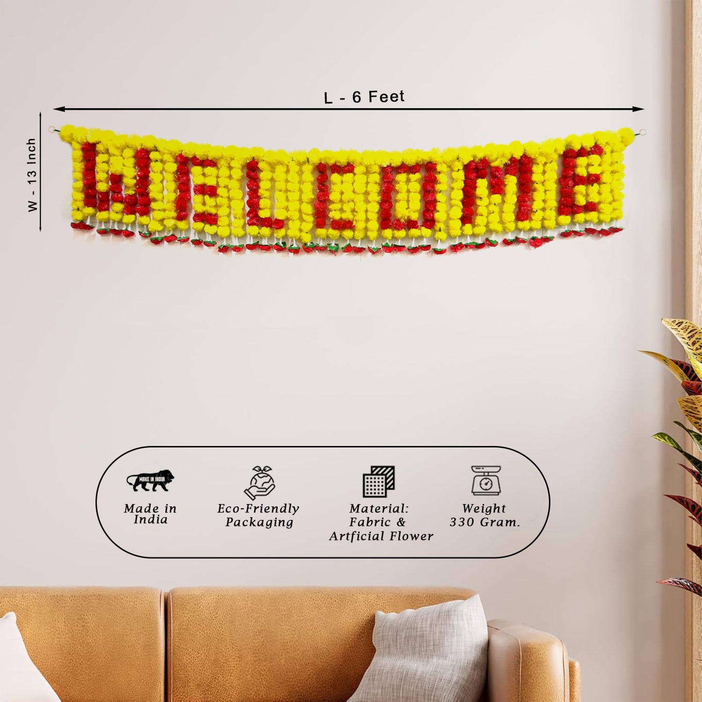 Decorative 'Welcome' banner with dimensions and product details on a wall.