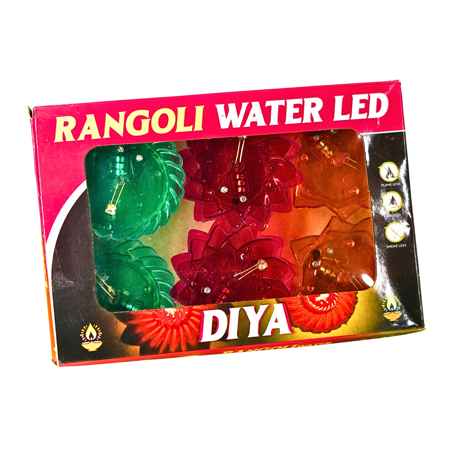 Box of Rangoli Water LED Diyas with green, red, and orange colors on a white background.