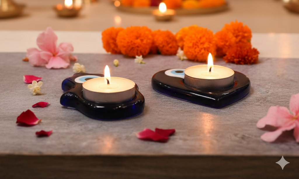 Elevate Your Home Décor with Reiki Evil Eye Crystal T-Light Candle Holders Uphakaro
