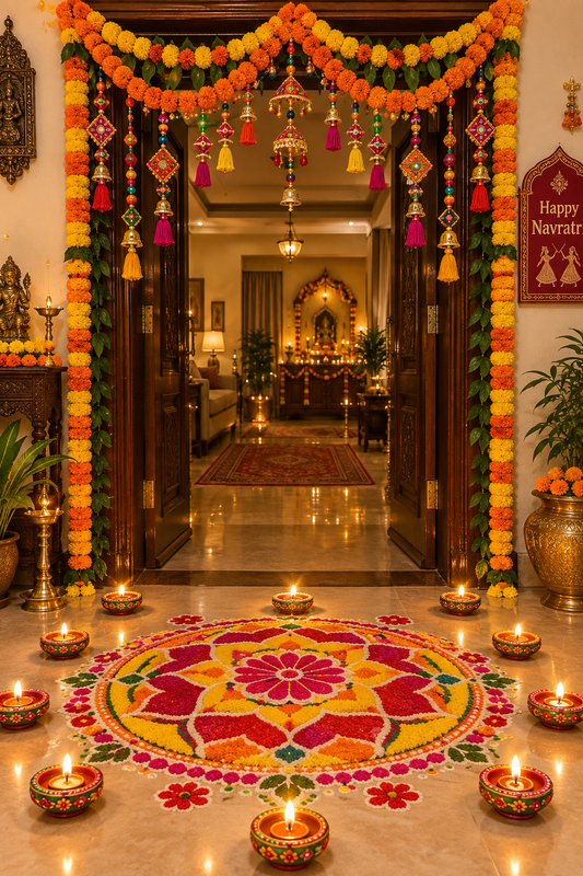 How to Use Torans, Diyas and Flowers for Navratri Entrance Decoration