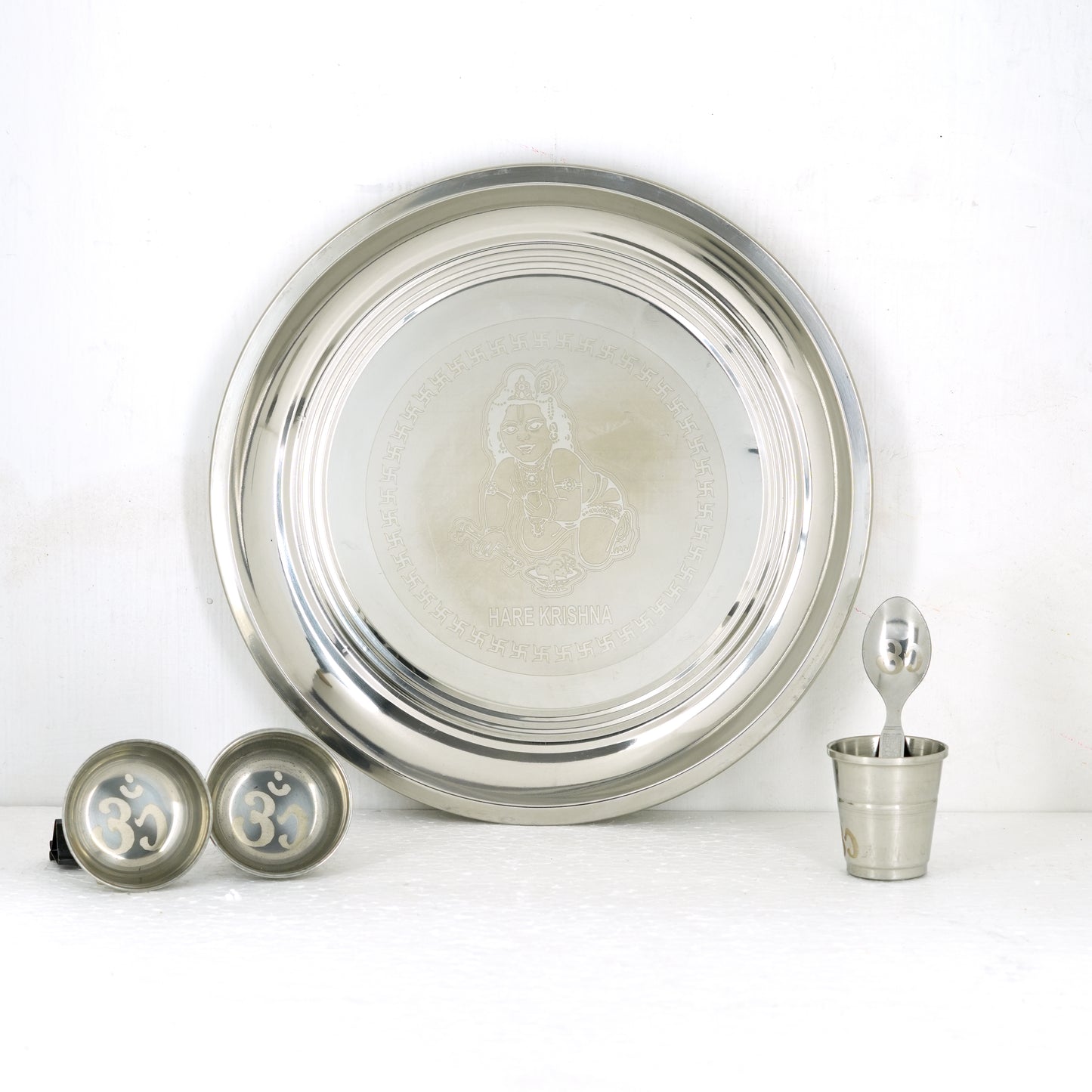 Premium Hare Krishna Engraved Stainless Steel Laddu Gopal Bhog Pooja Thali Set | 10 Inch Pooja Thali with Om Glass, Spoon & 2 Katoris for Daily Pooja, Janmashtami & Home Temple
