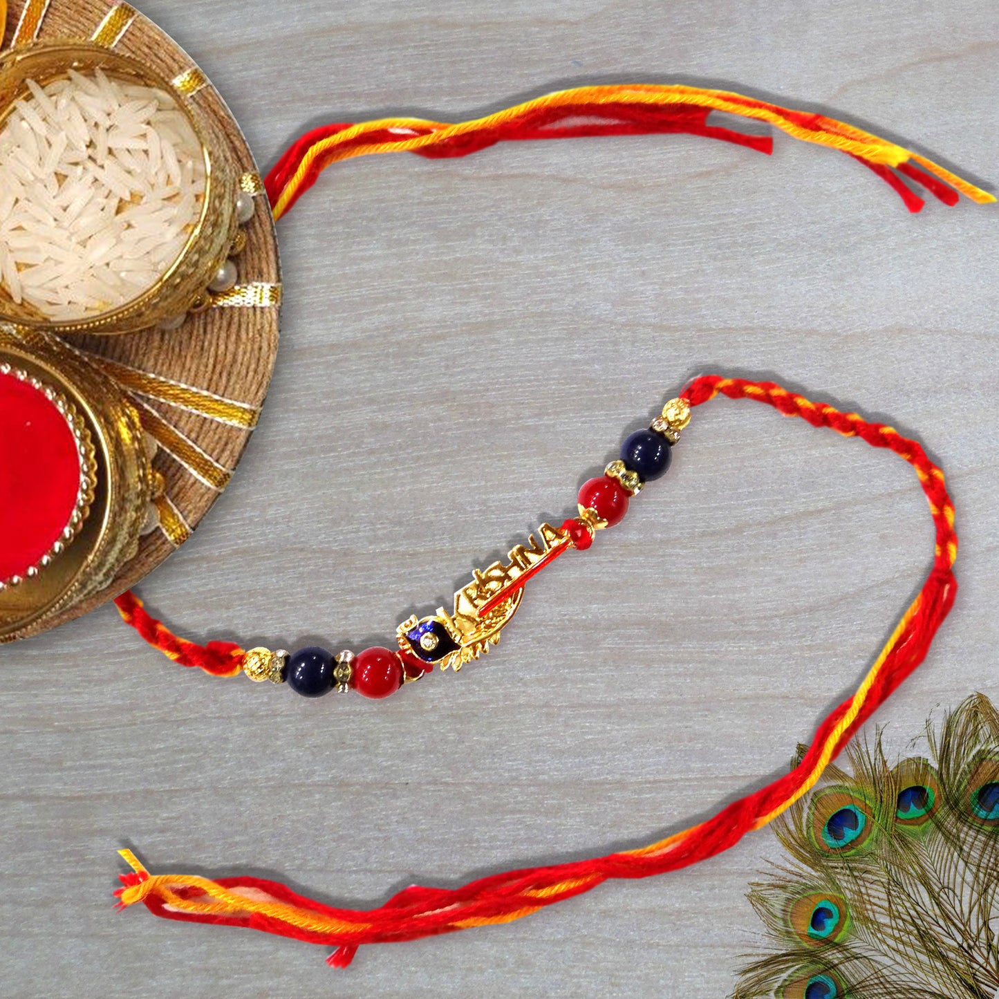 Premium Shri Krishna Name Rakhi with Red & Blue Beads | Designer Rakhi for Bhaiya