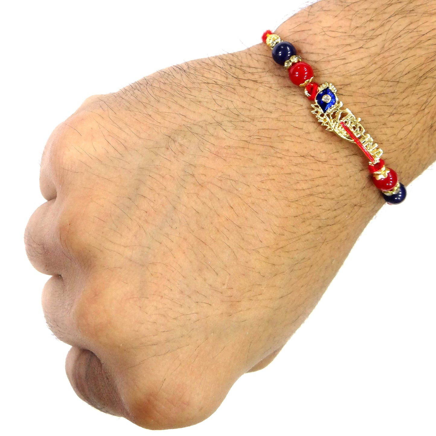 Premium Shri Krishna Name Rakhi with Red & Blue Beads | Designer Rakhi for Bhaiya