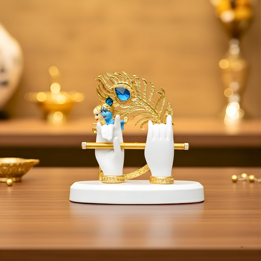Upharkaro Gold Plated Lord Krishna Hands Idol with Face – Flute & Peacock Feather Spiritual Decor for Pooja & Home Decor Statue
