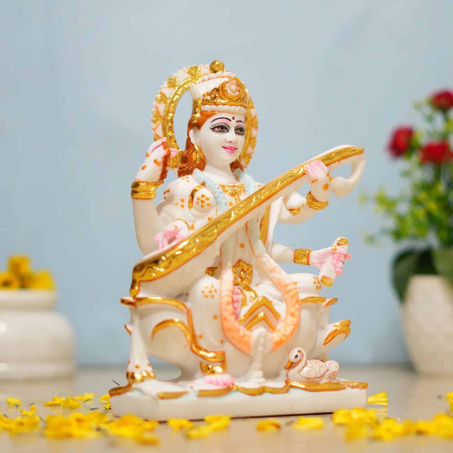 Marble Dust Maa Saraswati Murti– 9 Inch | Veena-Playing Idol for Study Room, Mandir & Education Blessing Statue By Upharkaro
