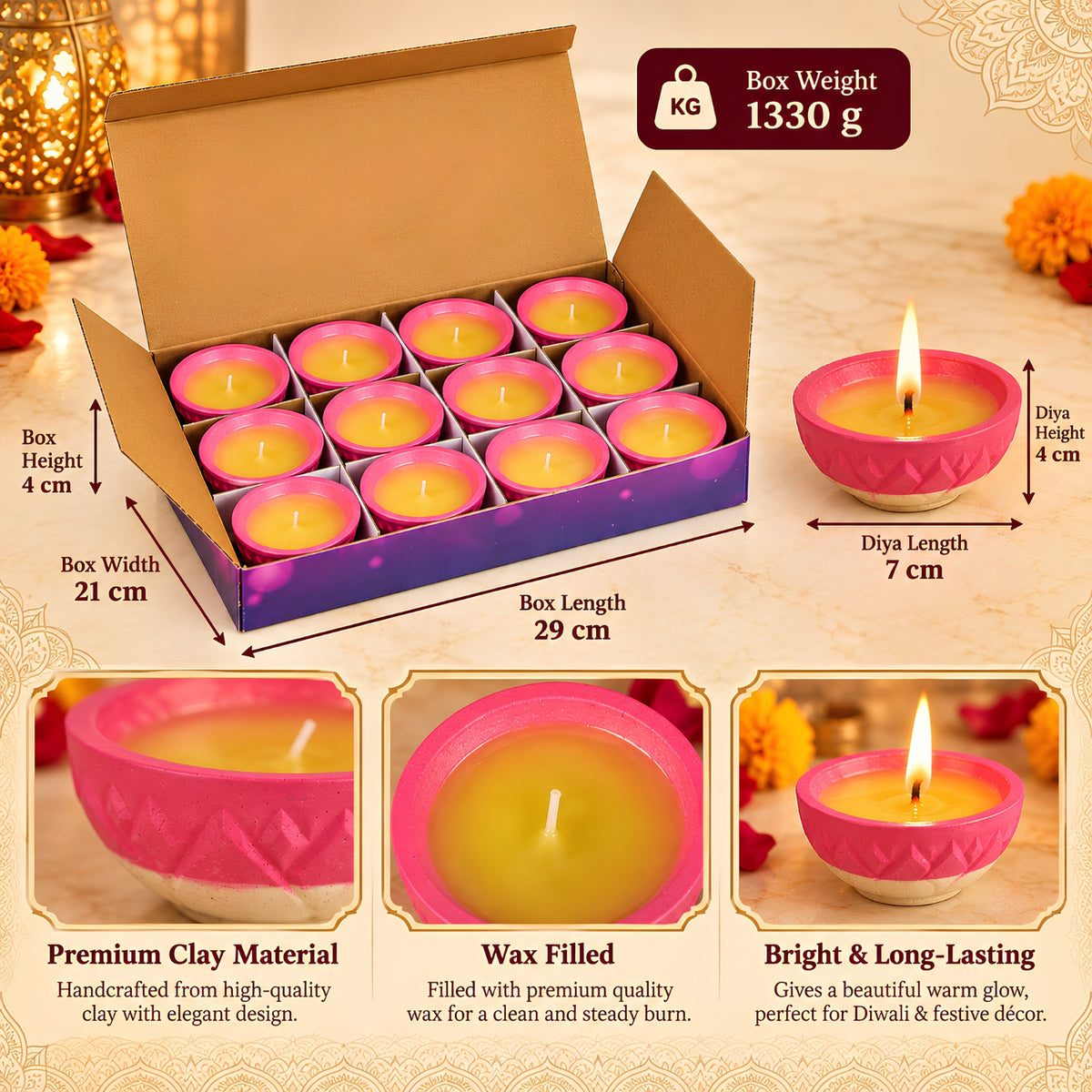 Decorative Ghee-Effect Wax Fancy Clay Diya – 12 Pc Set Box, Handcrafted Traditional Clay Diyas for Diwali, Pooja, Home Decor & Festive Gifting