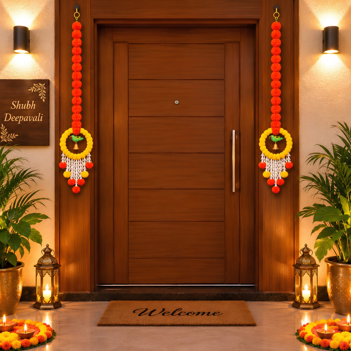 Upharkaro Decorative Marigold Flower Hanging Latkan with Parrot Design – 6 Feet, Set of 2 | Orange & Yellow Traditional Door & Wall Hanging for Diwali, Wedding & Festive Decor
