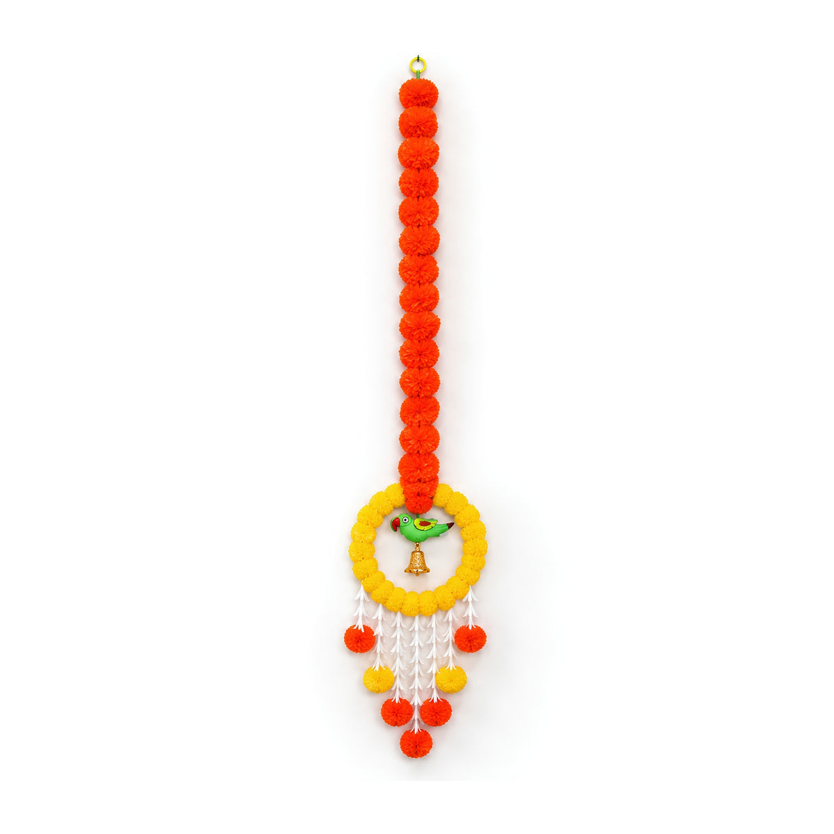 Upharkaro Decorative Marigold Flower Hanging Latkan with Parrot Design – 6 Feet, 1 Pc | Orange & Yellow Traditional Door & Wall Hanging for Diwali, Wedding & Festive Decor