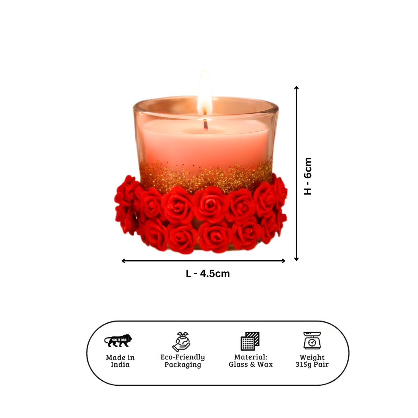 Upharkaro Decorative Shot Glass Candle Set with Rose Design | Aesthetic Glass Wax Candles for Home, Bedroom & Office (4 Hour Burn Time, Made in India)
