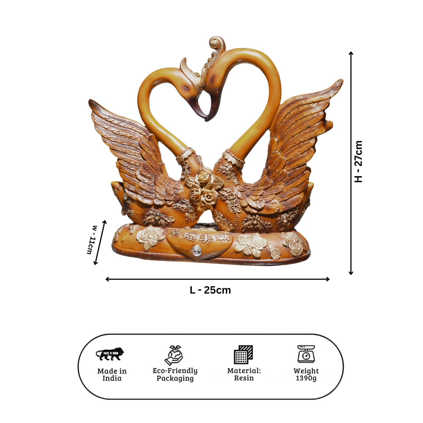 Upharkaro Decorative Swan Couple Showpiece with Heart Shape Design | Resin Love Birds Statue for Home Décor, Living Room & Gift | 27 cm