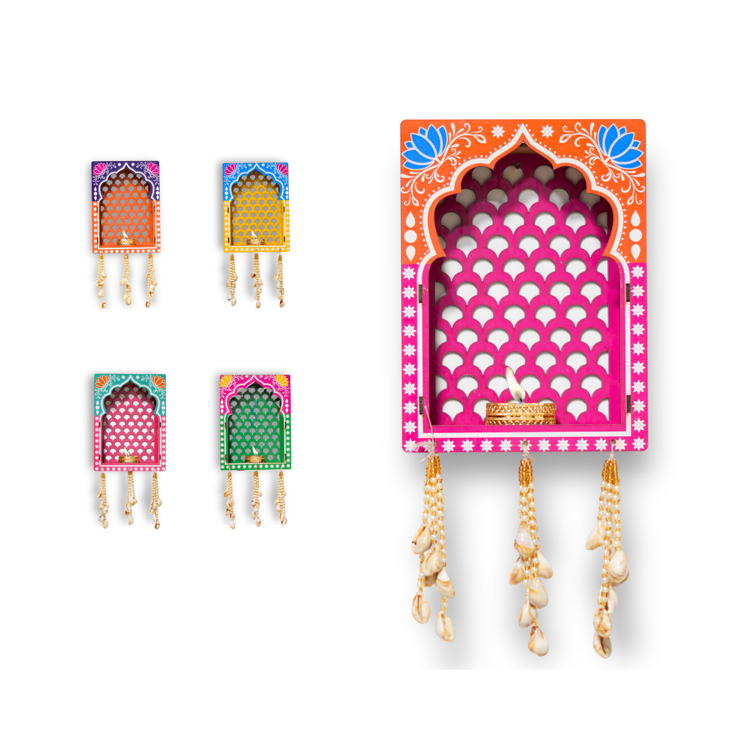 Decorative jewelry holder with colorful arch designs and hanging necklaces on a white background