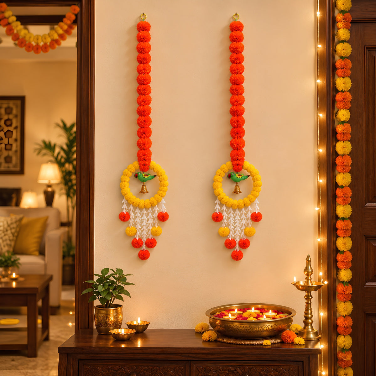 Upharkaro Decorative Marigold Flower Hanging Latkan with Parrot Design – 6 Feet, Set of 2 | Orange & Yellow Traditional Door & Wall Hanging for Diwali, Wedding & Festive Decor