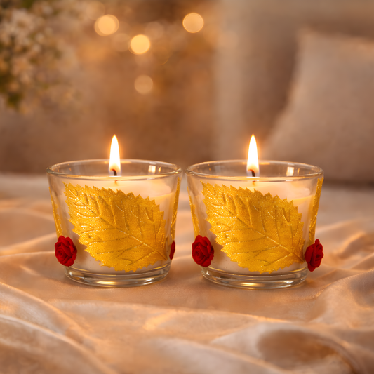 Upharkaro Shot Glass Candle Set with Rose & Golden Leaf Design – Decorative Multicolor Wax Candles for Home Décor & Festive Lighting (4-Hour Burn)