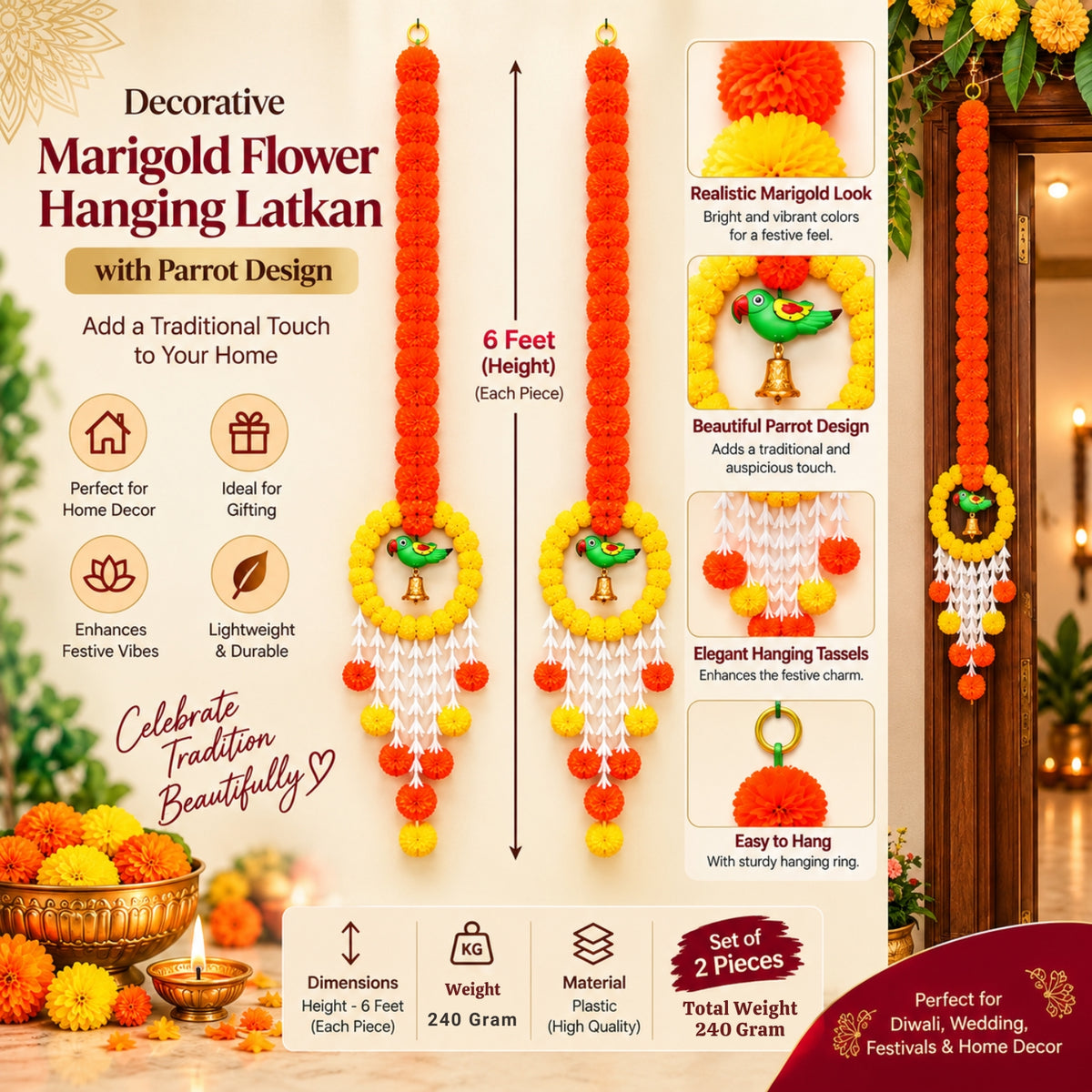 Upharkaro Decorative Marigold Flower Hanging Latkan with Parrot Design – 6 Feet, Set of 2 | Orange & Yellow Traditional Door & Wall Hanging for Diwali, Wedding & Festive Decor