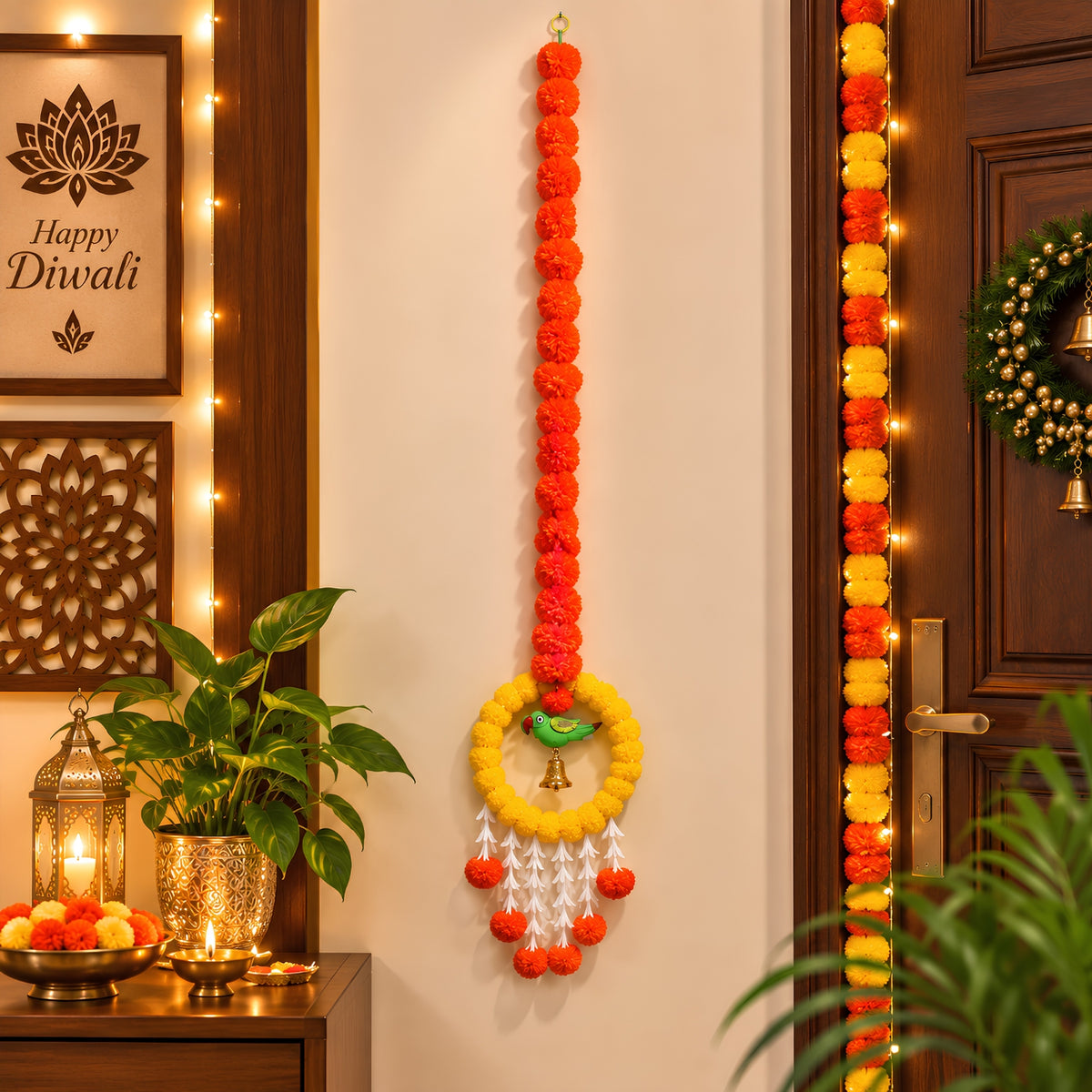 Upharkaro Decorative Marigold Flower Hanging Latkan with Parrot Design – 6 Feet, 1 Pc | Orange & Yellow Traditional Door & Wall Hanging for Diwali, Wedding & Festive Decor