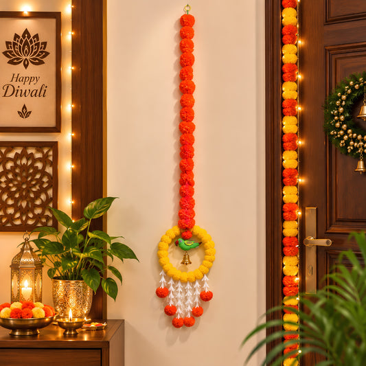 Upharkaro Decorative Marigold Flower Hanging Latkan with Parrot Design – 6 Feet, 1 Pc | Orange & Yellow Traditional Door & Wall Hanging for Diwali, Wedding & Festive Decor
