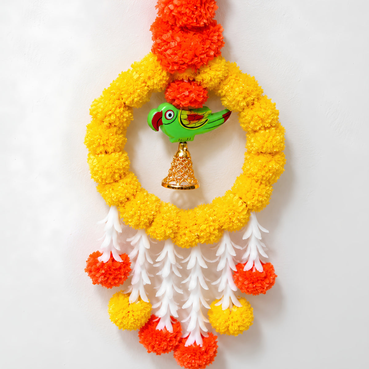 Upharkaro Decorative Marigold Flower Hanging Latkan with Parrot Design – 6 Feet, 1 Pc | Orange & Yellow Traditional Door & Wall Hanging for Diwali, Wedding & Festive Decor