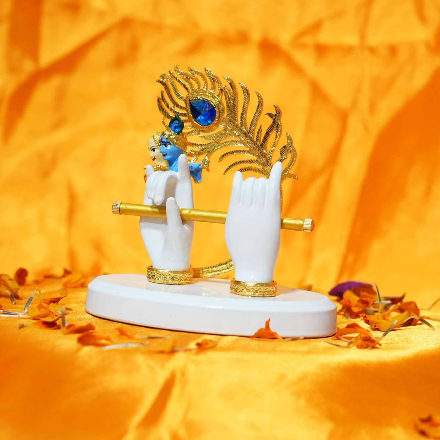 Upharkaro Gold Plated Lord Krishna Hands Idol with Face – Flute & Peacock Feather Spiritual Decor for Pooja & Home Decor Statue