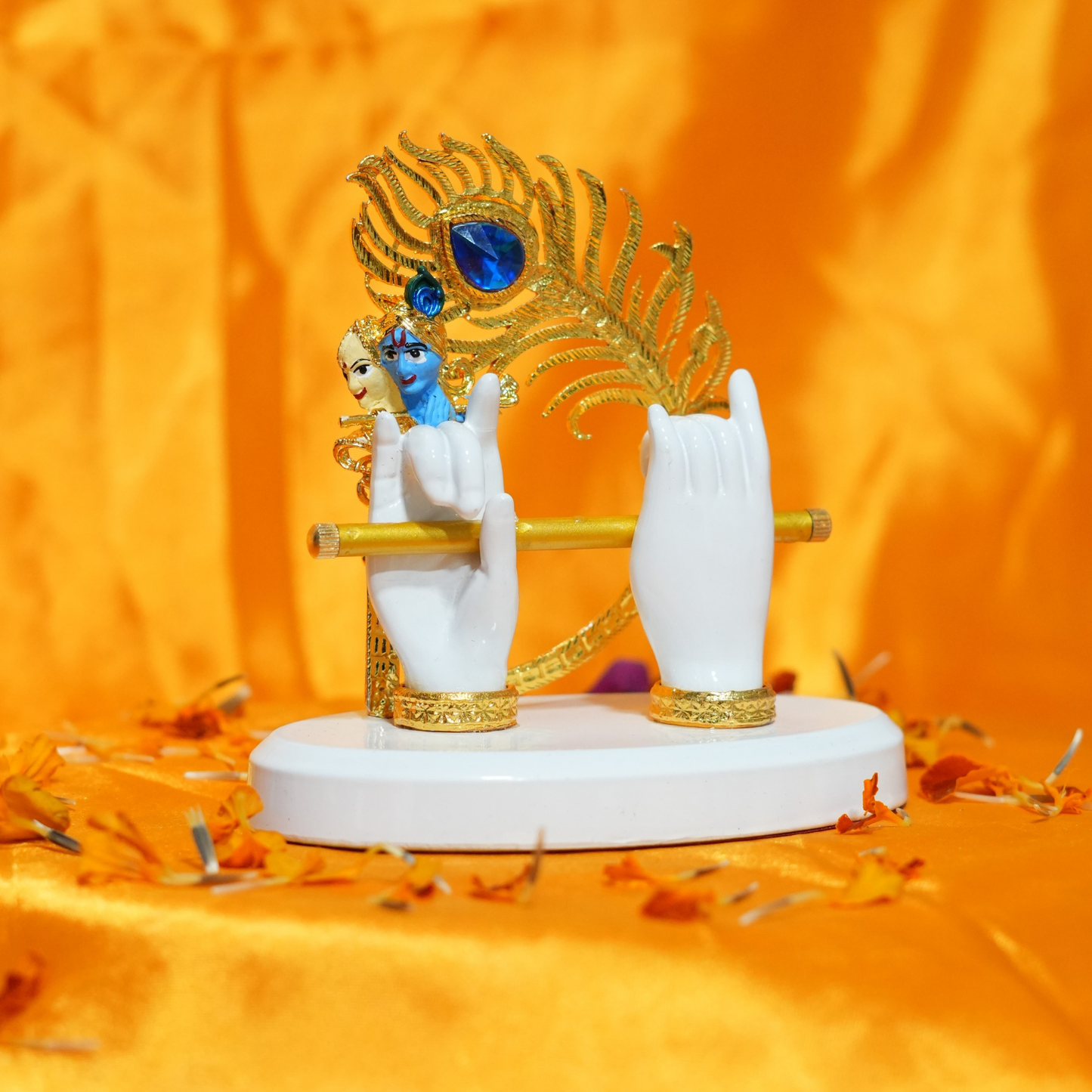 Upharkaro Gold Plated Lord Krishna Hands Idol with Face – Flute & Peacock Feather Spiritual Decor for Pooja & Home Decor Statue