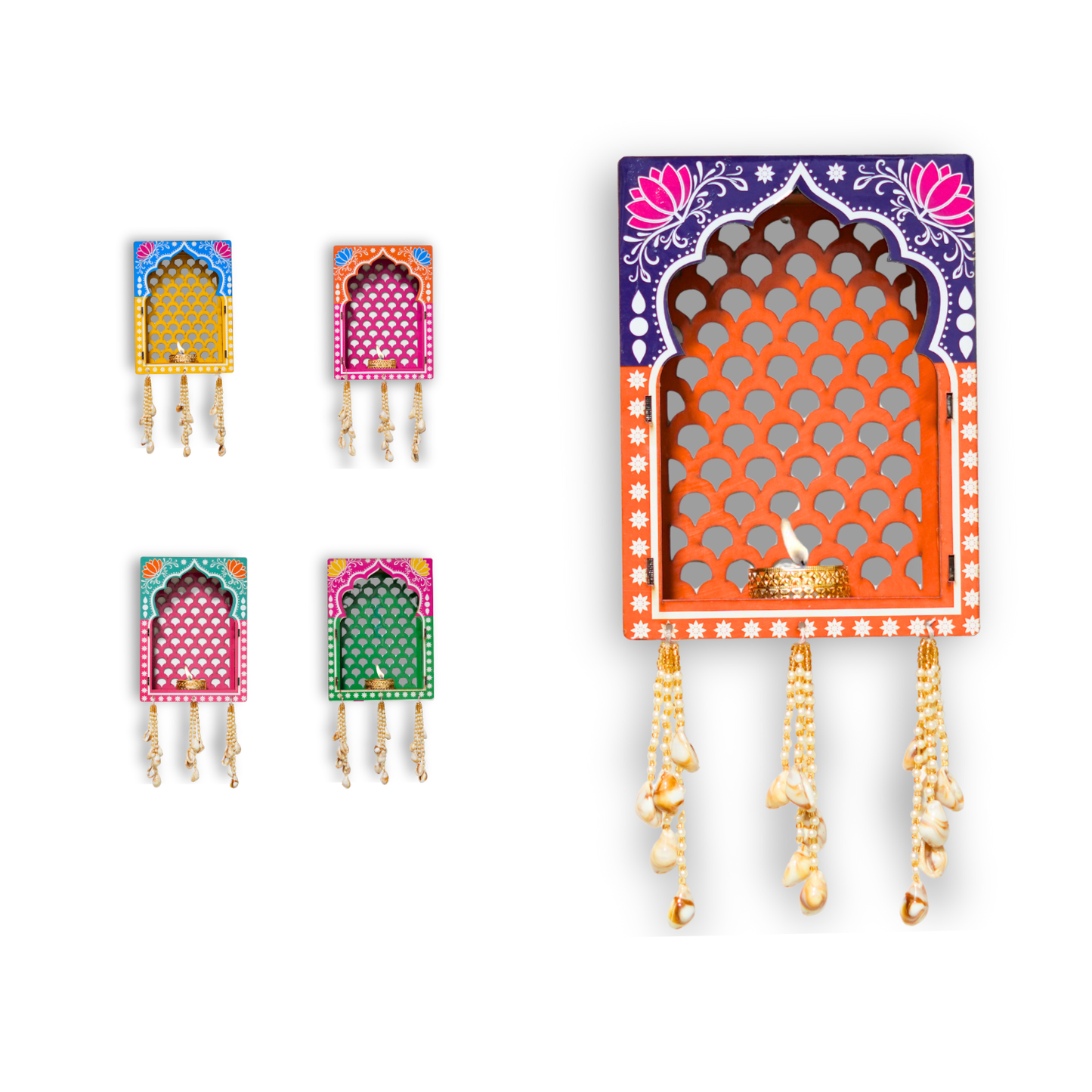 Decorative wall hanging with colorful arch designs and hanging beads on a white background