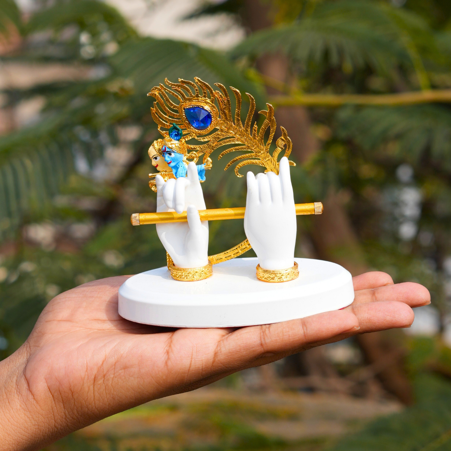 Upharkaro Gold Plated Lord Krishna Hands Idol with Face – Flute & Peacock Feather Spiritual Decor for Pooja & Home Decor Statue