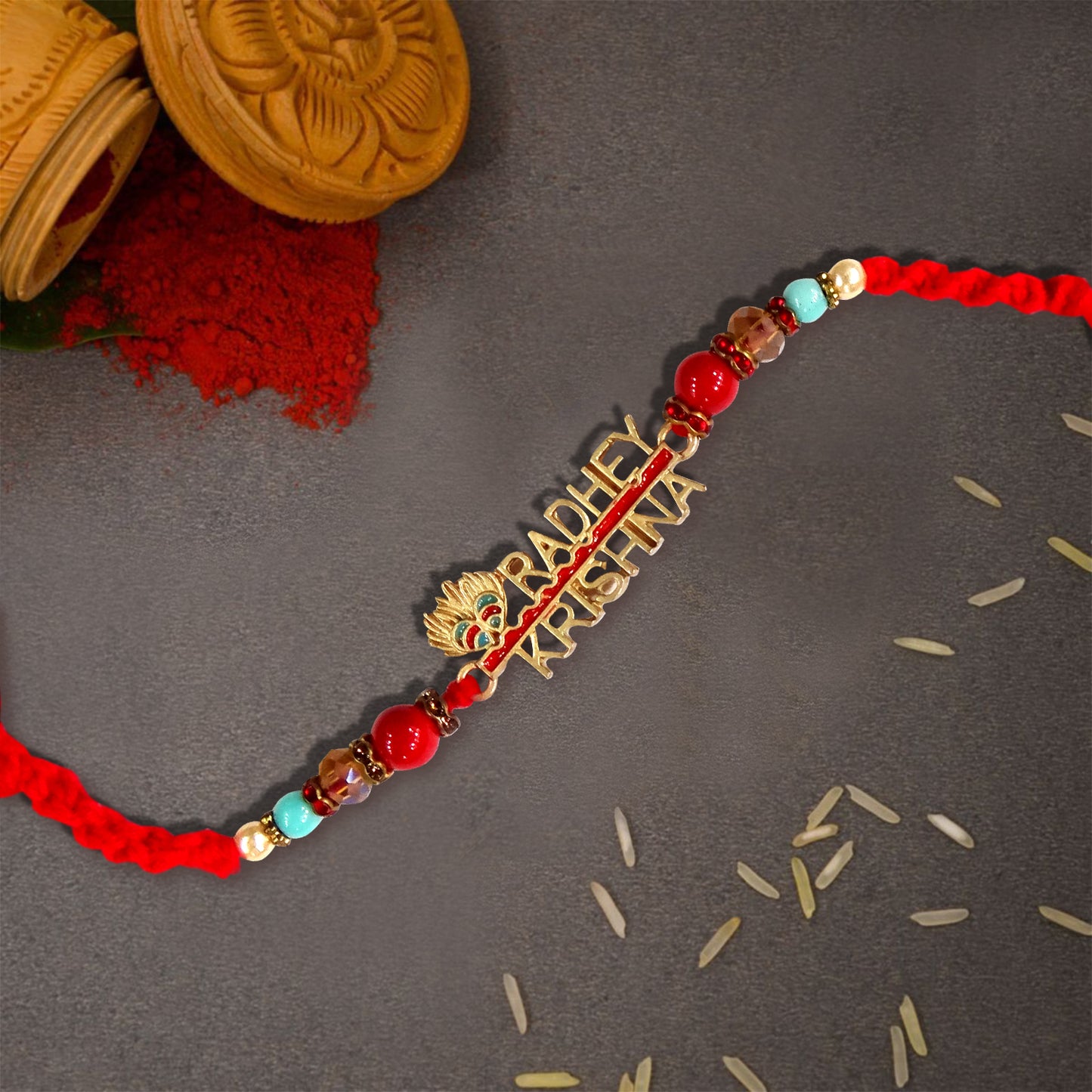 Premium Radhey Krishna Name Rakhi with Golden Charm & Colorful Beads | Designer Rakhi for Brother