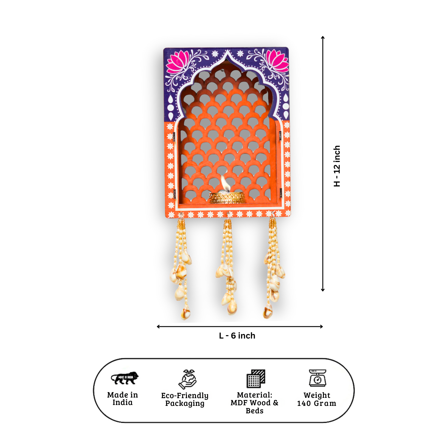 Decorative wall hanging with measurements and product details on a white background